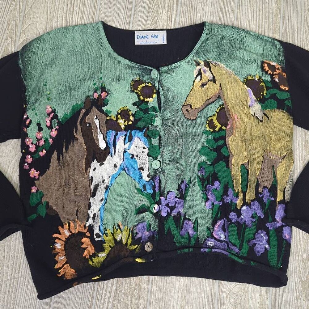 Diane Wat Design Womens S/M Grannycore Handpainted Sweater Horse Theme Buttons - Picture 2 of 8